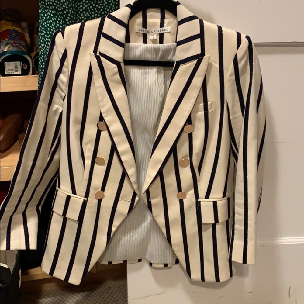 Veronica beard cream blazer with navy stripes